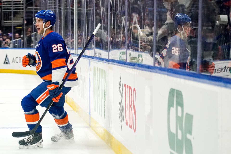 New York Islanders right wing Oliver Wahlstrom (26) celebrates after scoring a goal during the second period of an NHL hockey game against the Anaheim Ducks, Saturday, Oct. 15, 2022, in Elmont, N.Y. (AP Photo/Julia Nikhinson)