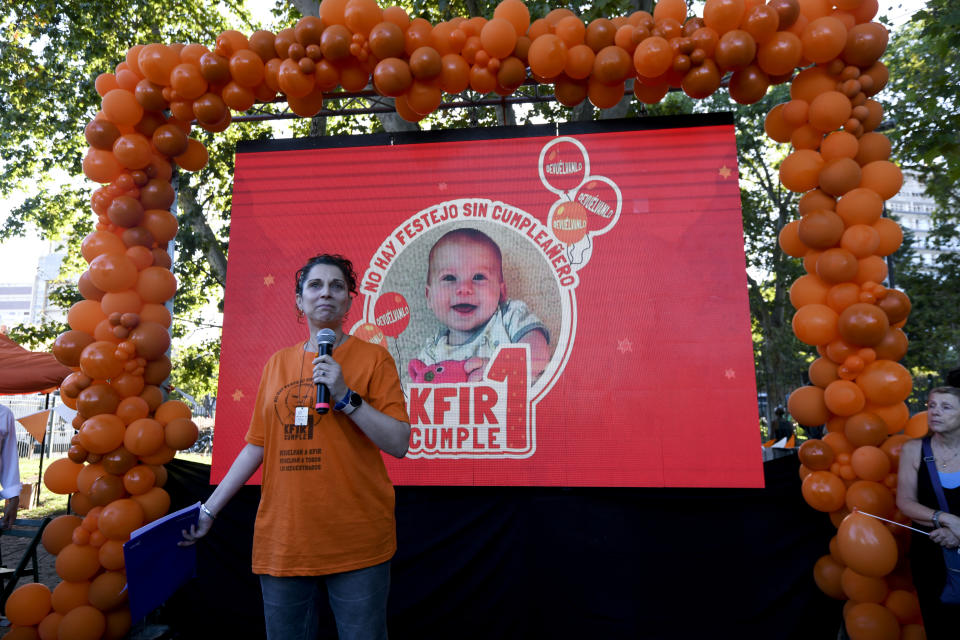 Sandra Miasnik, an aunt of Argentine-Israeli infant Kfir Bibas, a hostage of Hamas in Gaza, attends a gathering one day before his first birthday in Buenos Aires, Argentina, Wednesday, Jan. 17, 2024. Seven Argentine nationals were killed and 15 more were snatched from their homes on Oct. 7, 2023, including Mianisk’s baby cousin who was 9-months-old, the youngest Israeli kidnapped by Hamsas and taken to Gaza. (AP Photo/Gustavo Garello)