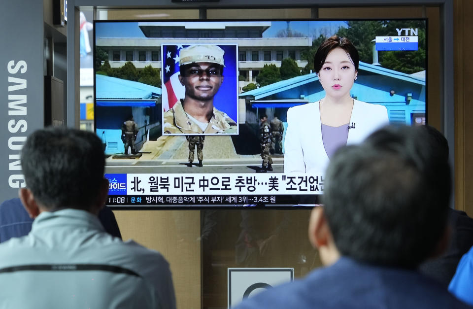 A TV screen shows a file image of American soldier Travis King during a news program at the Seoul Railway Station in Seoul, South Korea, Thursday, Sept. 28, 2023. The U.S. has secured the release of King who sprinted across a heavily fortified border into North Korea more than two months ago, and he is on his way back to America, officials announced Wednesday. U.S. ally Sweden and rival China helped with the transfer. (AP Photo/Ahn Young-joon)