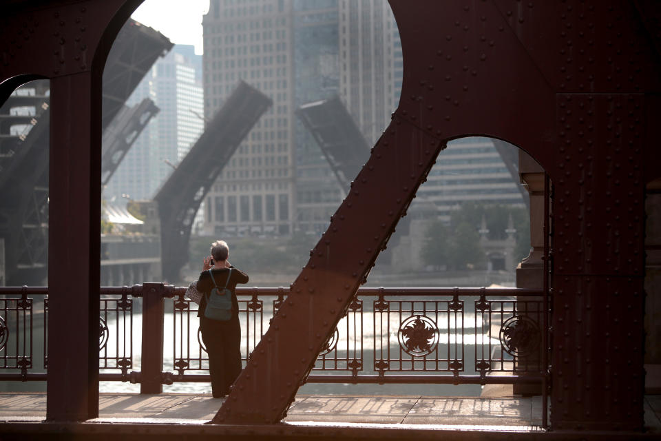 Bridges across the Chicago river are raised to control access into downtown as widespread looting broke out in the city on August 10 | Scott Olson—Getty Images