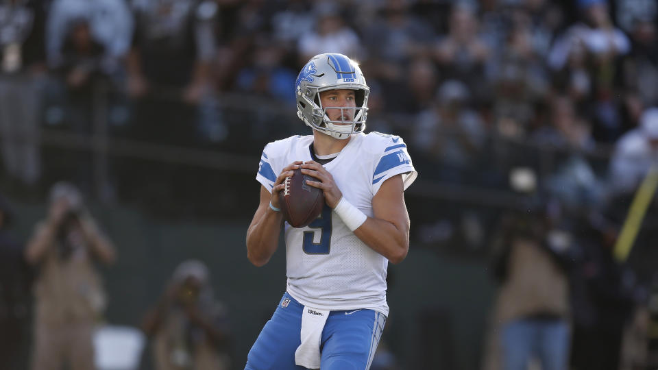 Detroit Lions quarterback Matthew Stafford (9) against the Oakland Raiders during an NFL football game in Oakland, Calif., Sunday, Nov. 3, 2019. (AP Photo/D. Ross Cameron)