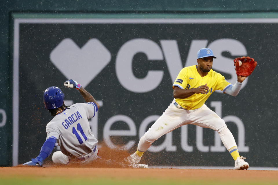 Boston Red Sox shortstop Pablo Reyes (19) gets the force at second on Kansas City Royals' Maikel Garcia (11) on a grounder by Michael Massey, who was safe at first during the first inning of a baseball game at Fenway Park, Thursday, Aug. 10, 2023, in Boston. (AP Photo/Mary Schwalm)