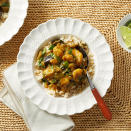 <p>In this quick shrimp recipe, shrimp is paired with a coconut curry and tender eggplant. Red, yellow or green curry works well in this quick dinner. To keep it fast, serve with precooked brown rice to sop up the sauce.</p> <p> <a href="https://www.eatingwell.com/recipe/7883768/shrimp-coconut-curry-with-eggplant/" rel="nofollow noopener" target="_blank" data-ylk="slk:View Recipe" class="link ">View Recipe</a></p>