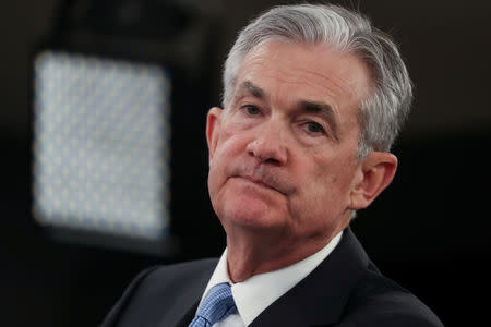 FILE PHOTO: U.S. Federal Reserve Chairman Jerome Powell speaks during a news conference following the two-day Federal Open Market Committee (FOMC) policy meeting in Washington, U.S., March 20, 2019. REUTERS/Jonathan Ernst