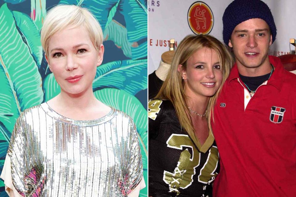 <p>Kevin Mazur/Getty, Dimitrios Kambouris/WireImage</p> Michelle Williams in 2023; Britney Spears and Justin Timberlake in 2002