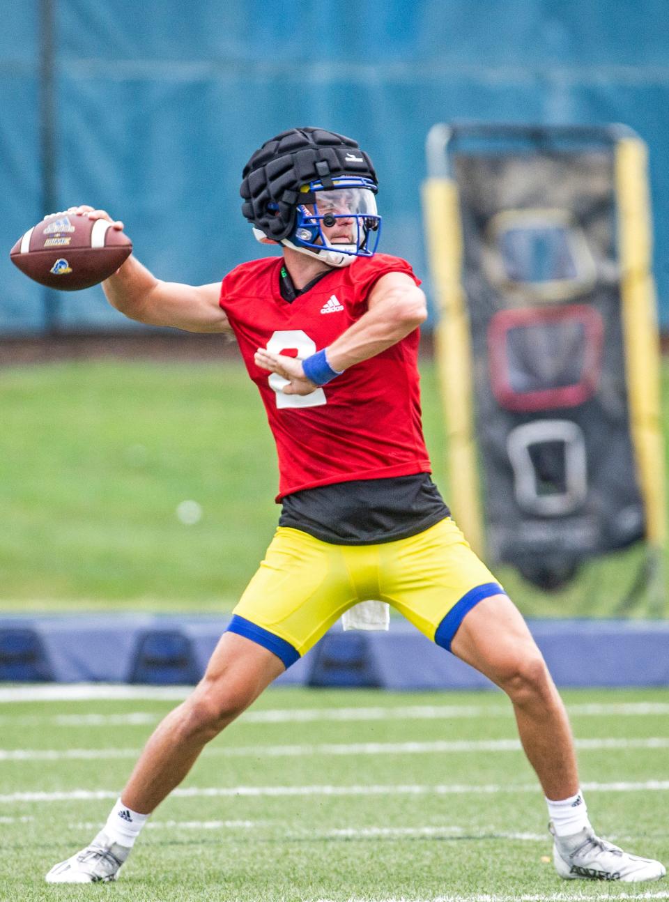 Delaware Blue Hens lead quarterback Nolan Henderson (2) throws a pass during the first preseason football practice at the University of Delaware football practice field on Friday, Aug. 5, 2022.