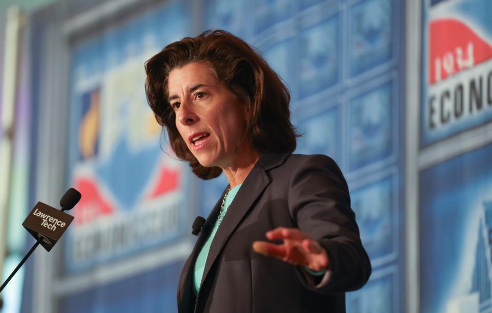 U.S. Commerce Secretary Gina Raimondo speaks at the Detroit Economic Club on Monday, Nov. 29, 2021.