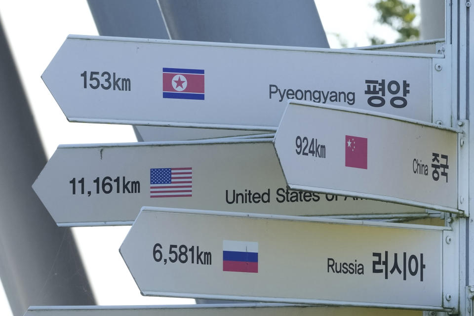 Destination signs to North Korea's capital Pyongyang, the United States, China and Russia are seen at the Imjingak Pavilion in Paju, South Korea, near the border with North Korea, Friday, Sept. 8, 2023. North Korea said Friday it has christened a purported nuclear attack submarine it has been developing for years, a step leader Kim Jong Un described as crucial in his efforts to build a nuclear-armed navy to counter the United States and its Asian allies. (AP Photo/Ahn Young-joon)