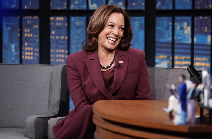 Kamala Harris is sitting on a talk show set, smiling, and wearing a professional suit. Behind her is a nighttime cityscape backdrop