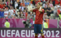 Spanish forward Fernando Torres reacts during the Euro 2012 championships football match Spain vs Italy on June 10, 2012 at the Gdansk Arena. AFP PHOTO / PIERRE-PHILIPPE MARCOUPIERRE-PHILIPPE MARCOU/AFP/GettyImages