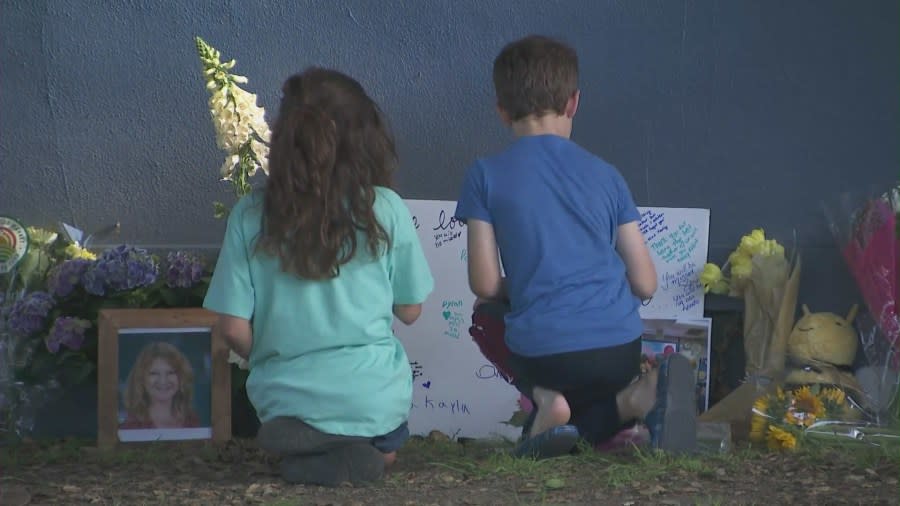 A growing memorial remembering Karyn Lombardo is seen outside Bret Harte Elementary School can be seen on May 8, 2024. (KTLA)