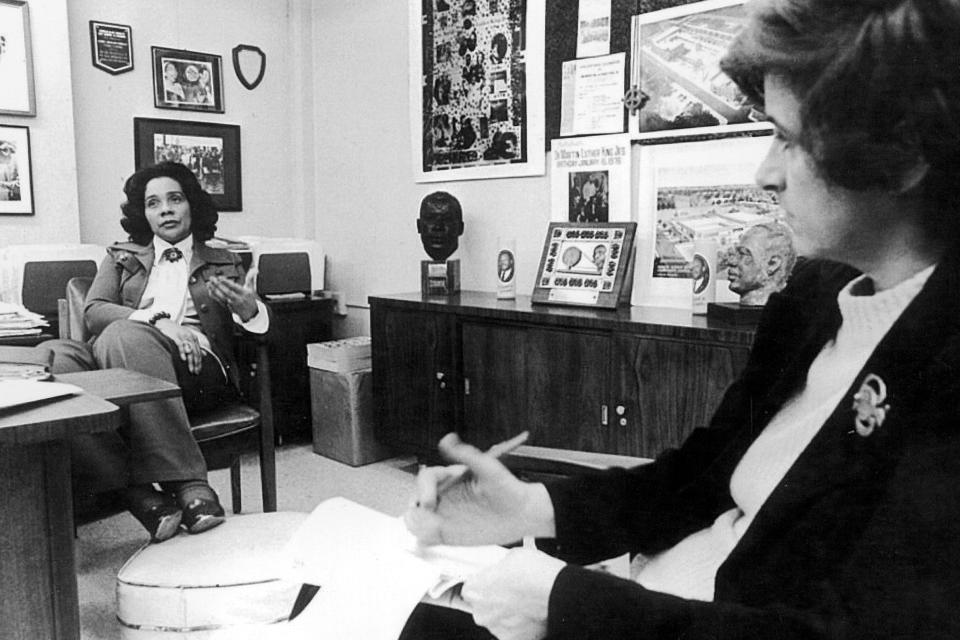 FILE - In this 1968 file photo, Associated Press reporter Kathryn Johnson, right, interviews Coretta Scott King in her office in Atlanta. Johnson, a trailblazing reporter for The Associated Press, died Wednesday, Oct. 23, 2019, at the age of 93, in Atlanta. Her intrepid coverage of the civil rights movement and other major stories led to a string of legendary scoops. Johnson was the only journalist allowed inside Martin Luther King Jr.'s home the day he was assassinated. (AP Photo, File)