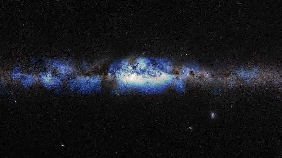 An artist's illustration depicts the Milky Way seen through a neutrino lens, which is shown in blue. - IceCube Collaboration/U.S. National Science Foundation