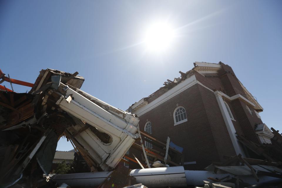 A likely tornado caused damaged to First United Methodist Church in Wynne, Arkansas, on March 31, 2023. Windows were busted and debris covered the front lawn.