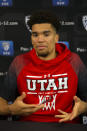 Utah's Timmy Allen speaks during the Pac-12 NCAA college basketball media day, in San Francisco, Tuesday, Oct. 8, 2019. (AP Photo/D. Ross Cameron)