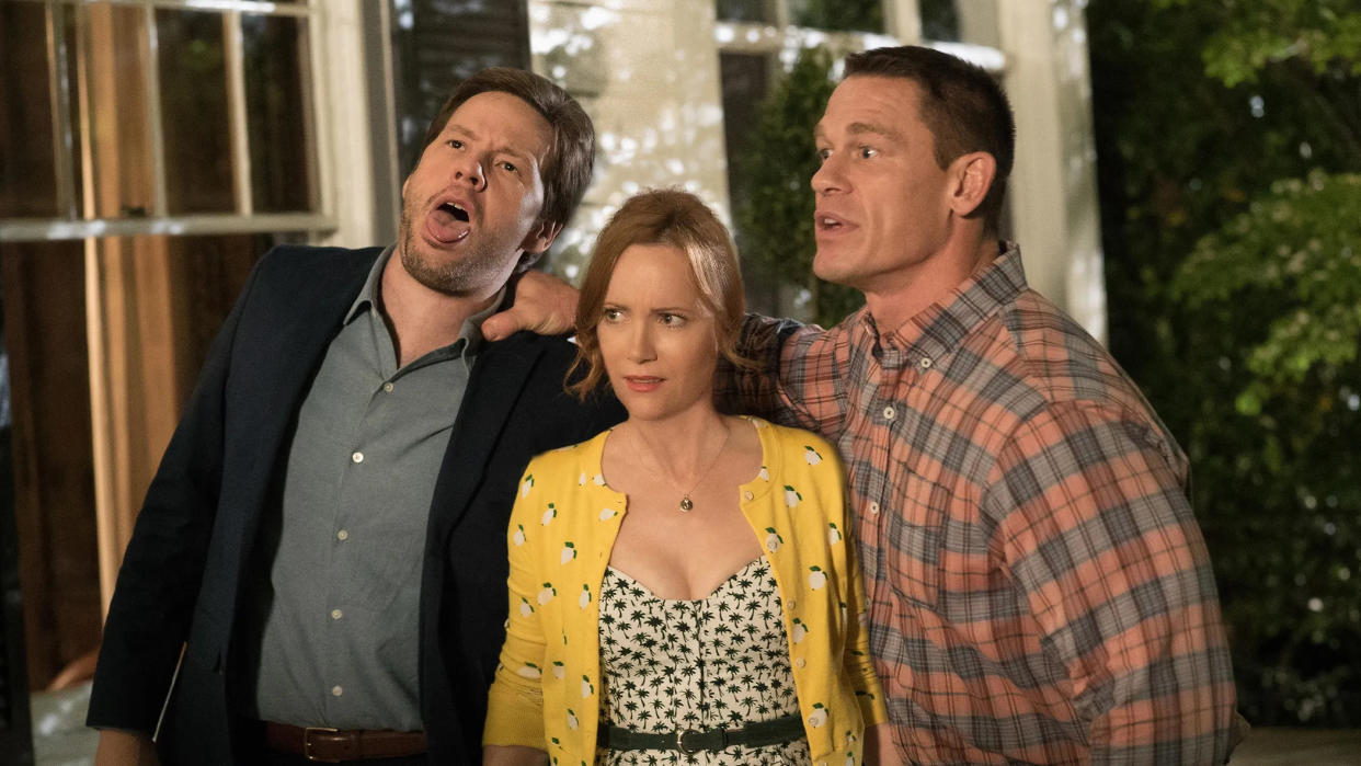  Ike Barinholtz, Leslie Mann and John Cena look shocked in the movies Blockers. 