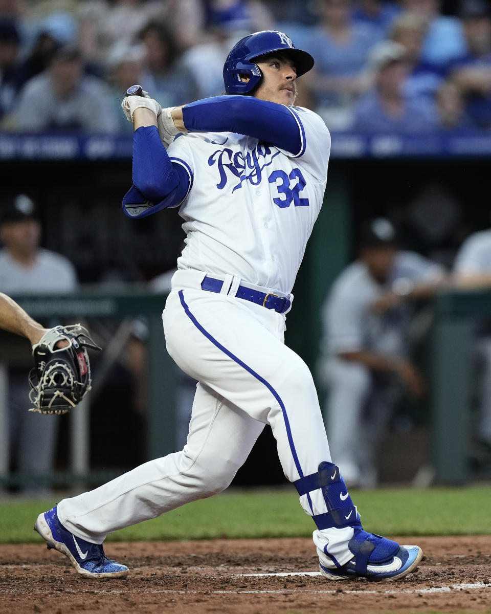 Kansas City Royals' Nick Pratto watches his two-run home run during the fifth inning of a baseball game against the Chicago White Sox Wednesday, May 10, 2023, in Kansas City, Mo. (AP Photo/Charlie Riedel)