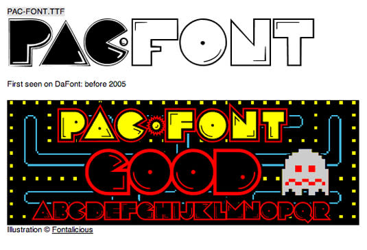 A screenshot of a free Pac-man font from DaFont, one of the best font libraries for downloading free fonts