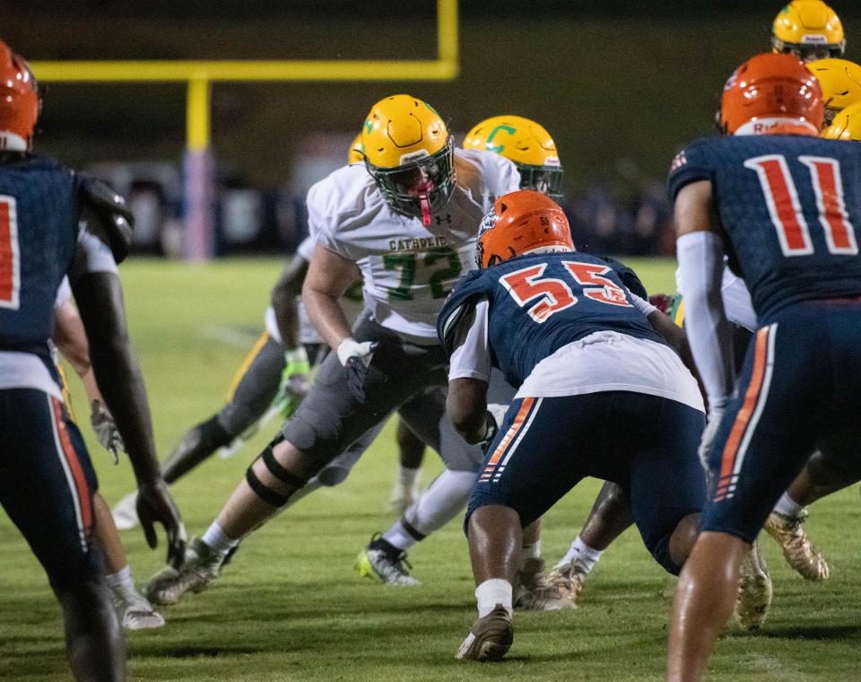 Ryland Bragg (72) protects the offensive line during the Pensacola Catholic vs Escambia football game at Escambia High School in Pensacola on Friday, Sept. 1, 2023.