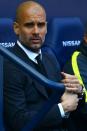 Manchester City's Pep Guardiola reacts ahead of their match against Hull City at the Etihad Stadium in Manchester, north west England, on April 8, 2017