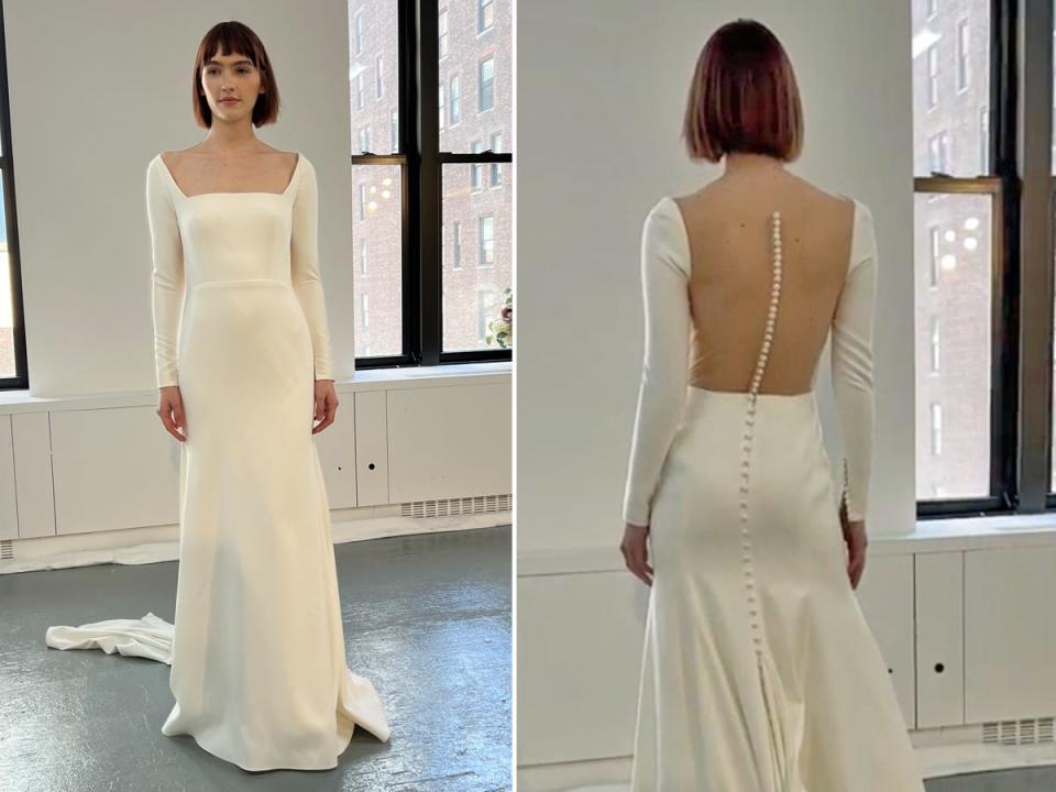 A front-and-back shot of a woman in a wedding dress with a square neckline and buttons down the back.