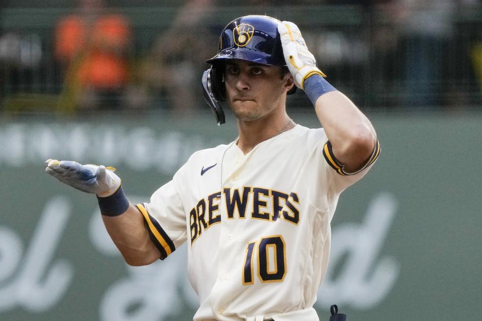 Milwaukee Brewers' Sal Frelick reacts after hitting a two-run scoring double during the first inning of a baseball game against the Pittsburgh Pirates Thursday, Aug. 3, 2023, in Milwaukee. (AP Photo/Morry Gash)