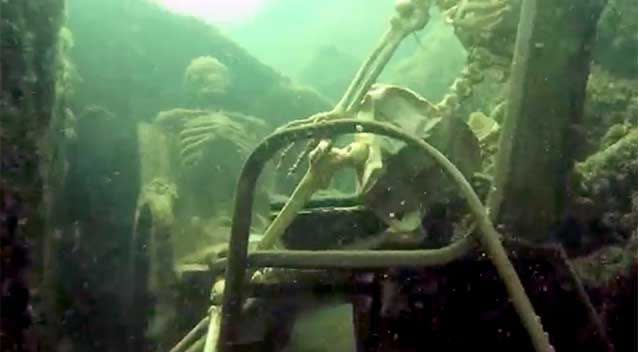 A man snorkelling came across the two fake skeletons sitting in lawn chairs about 40 feet underwater and reported the skeletons to the La Paz County Sheriff's Office, launching a hunt for what authorities believed could be real bodies. Photo: AP/La Paz Sheriff's Office