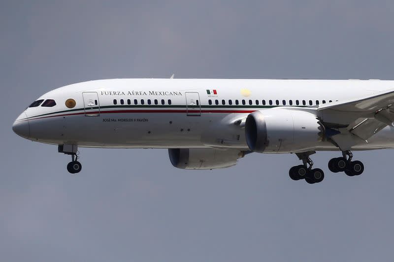 Mexico's presidential plane, which President Andres Manuel Lopez Obrador is selling, lands at Benito Juarez international airport during its return from California, in Mexico City