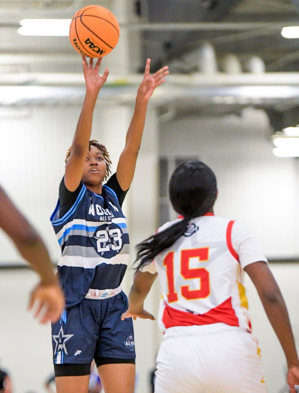 North team’s Tamya Smith (23) shoots during the AHSAA North-South All-Star Week girls basketball game at Riverwalk Stadium in Montgomery, Ala., on Tuesday July 18, 2023.