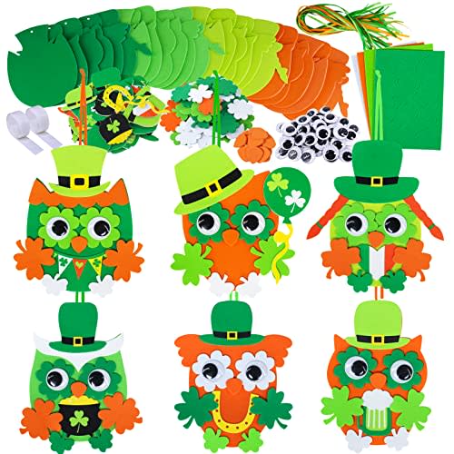 24 Sets St. Patrick's Day Decorations Owl Shamrock Ornaments DIY St. Pat's Craft Kits Assorted Owl Four-Leaf Clover Irish Lucky Shamrock Foam Stickers for Kids Classroom Home Activity Gift Art Project