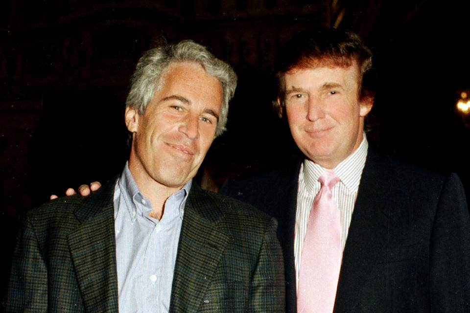 Portrait of American financier Jeffrey Epstein (left) and real estate developer Donald Trump as they pose together at the Mar-a-Lago estate, Palm Beach, Florida, 1997. (Photo: Davidoff Studios/Getty Images)