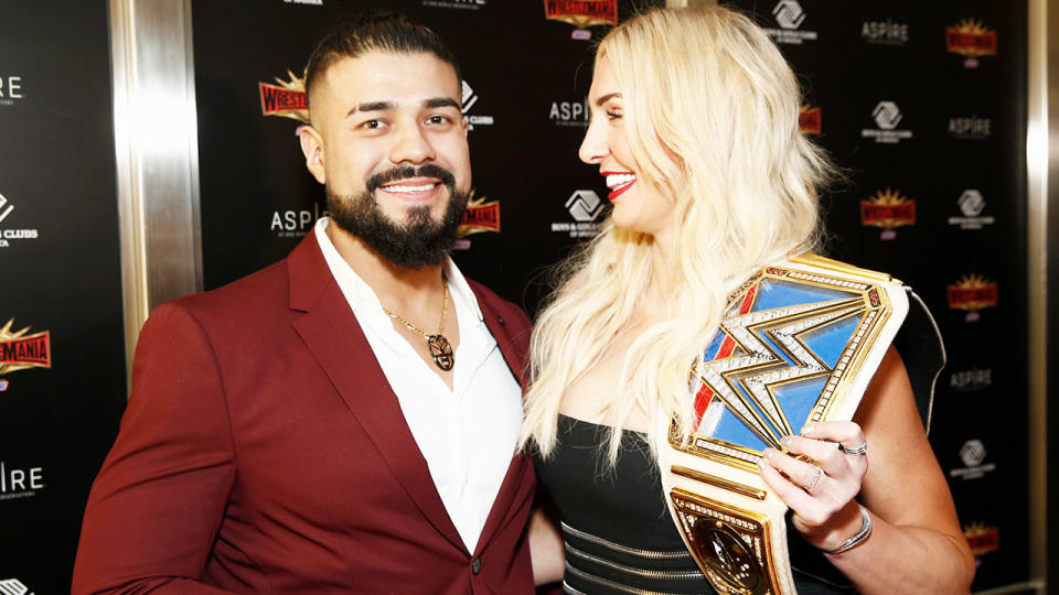 WWE Superstars Andrade and Charlotte Flair attend the WWE Superstars For Hope Reception on April 05, 2019 in New York City. (Photo by Brian Ach/Getty Images for WWE)