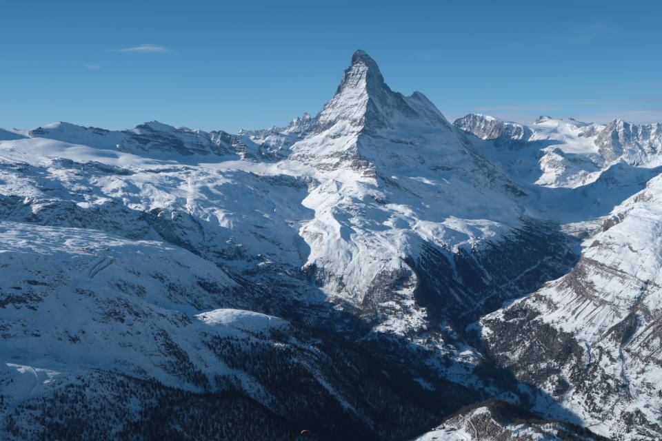 ZERMATT, SWITZERLAND - JANUARY 07: Matterhorn mountain looms above the valley that includes the village of Zermatt on January 7, 2022 near Zermatt, Switzerland. Zermatt is a popular tourist destination both in winter and summer.  (Photo by Sean Gallup/Getty Images)