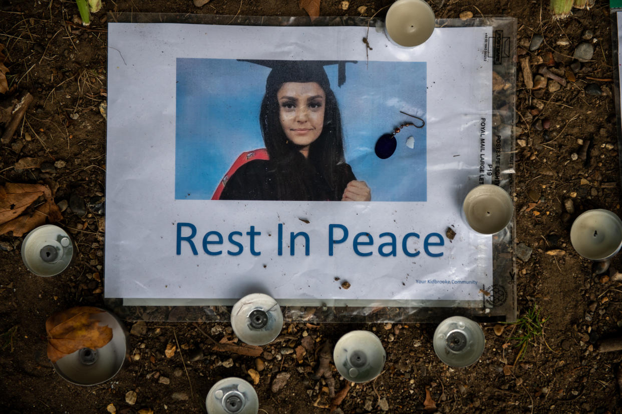 LONDON, ENGLAND - SEPTEMBER 26: Floral tributes and messages are left to Sabina Nessa at Cator Park on September 26, 2021 in the Kidbrooke area of London, England. Earlier today, a man was arrested in East Sussex on suspicion of murder of Ms Nessa, a 28-year-old teacher who was attacked while walking to meet a friend in Kidbrooke, on September 17th. Her body was found the next day. (Photo by Chris J Ratcliffe/Getty Images)