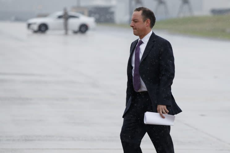 Outgoing White House chief of staff Reince Priebus boards Air Force One at Andrews Air Force Base, Md., Friday, July 28, 2017, to travel with President Trump to Brentwood, N.Y., for a speech to law enforcement officials on the gang MS-13. (Photo: Evan Vucci/AP)
