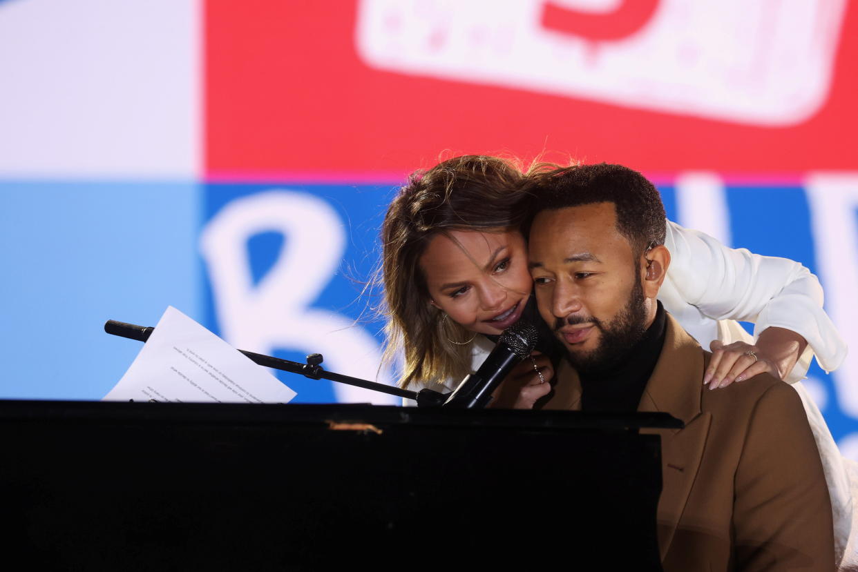 John Legend performs next to wife Chrissy Teigen ahead of remarks by Democratic U.S. vice presidential candidate Kamala Harris in Philadelphia on Nov. 2, 2020. (Photo: Reuters/Jonathan Ernst)