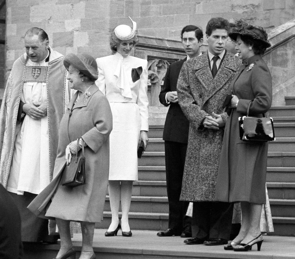 Members of the Royal Family leave St George's Chapel after the Christmas service. (l-r) The Queen Mother, Princess and Prince of Wales, Viscount Linley and his mother Princess Margaret in 1983. (PA Images)