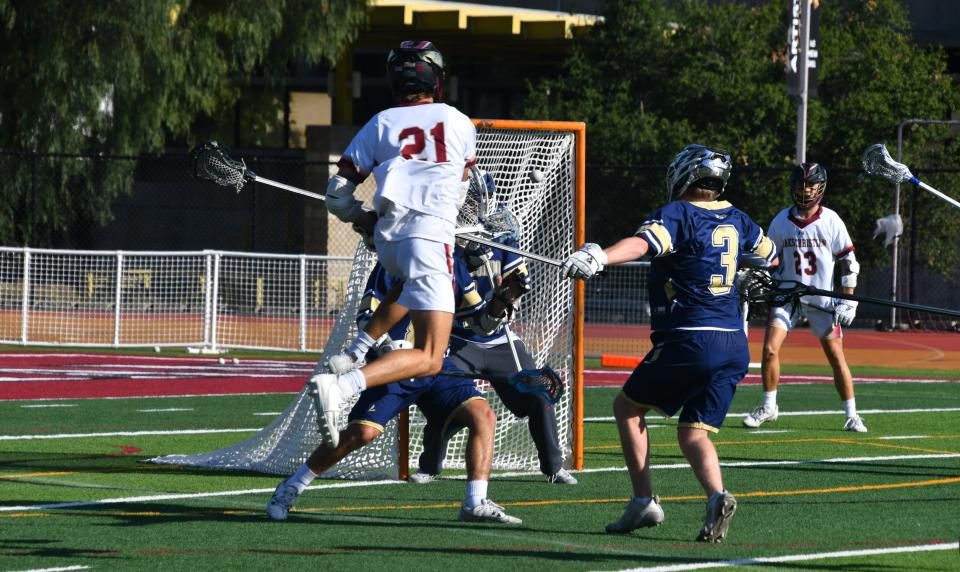 Oaks Christian's Lawson Spruill scores a goal during the Lions' 9-8 win over visiting El Segundo in a CIF-Southern Section Division 3 semifinal game on Wednesday, May 8, 2024. Oaks Christian will play Sherman Oaks-Notre Dame in the championship game Friday in Orange.