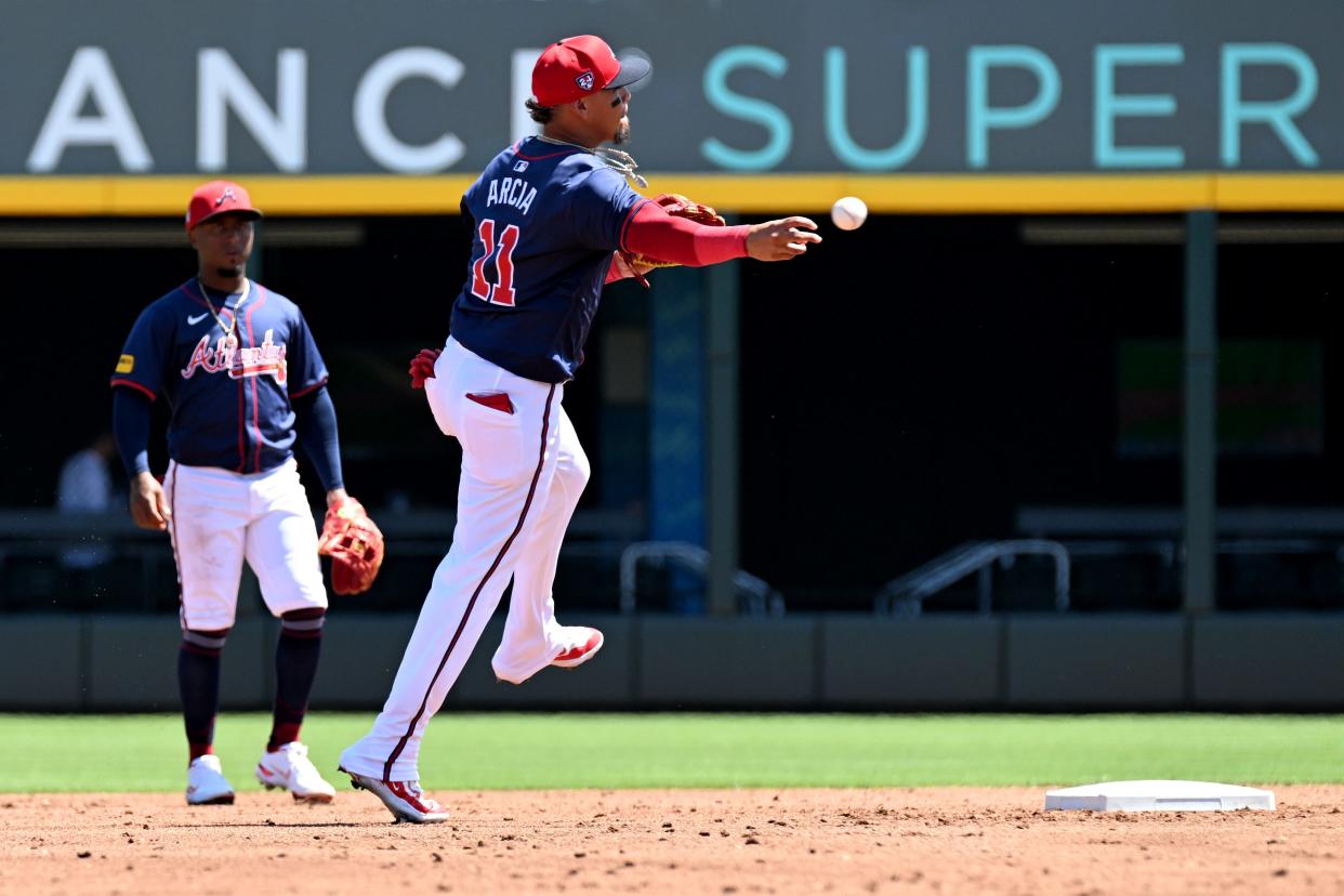 Mar 20, 2024; North Port, Florida, USA; Atlanta Braves shortstop Orlando Arcia (11) throws to first base in the second inning of a spring training game against the Toronto Blue Jays at CoolToday Park. Mandatory Credit: Jonathan Dyer-USA TODAY Sports