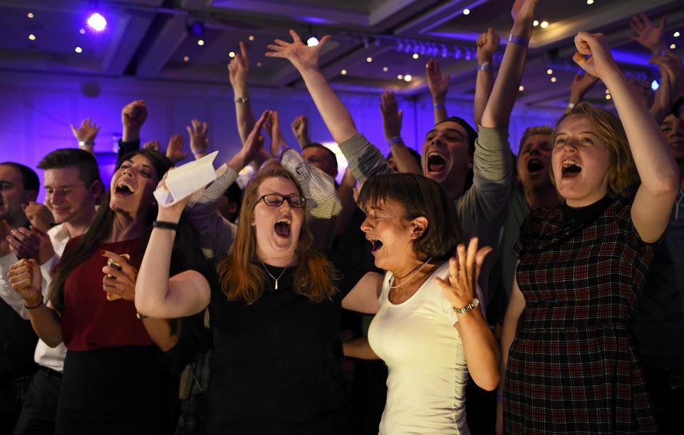 Supporters from the "No" Campaign react to a declaration in their favour, in Glasgow, Scotland