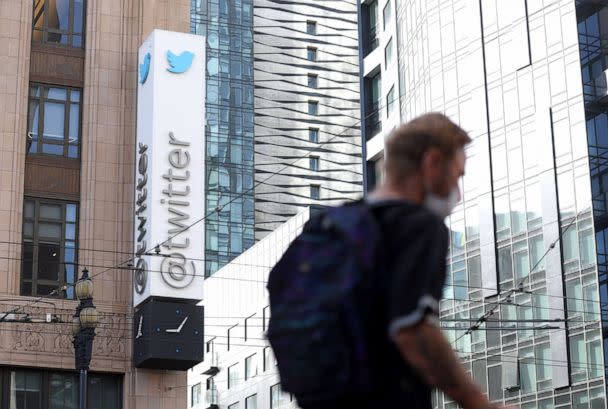 PHOTO: A sign marks the location of Twitter headquarters in San Francisco, on April 27, 2022. (Justin Sullivan/Getty Images, FILE)