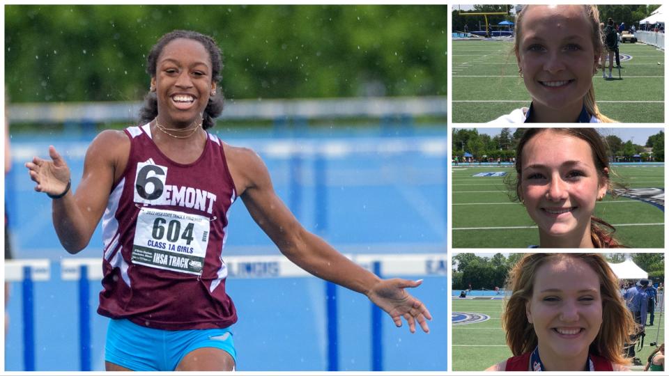 Four athletes from around Peoria won state championships at the 2023 Illinois High School Association girls track and field state finals. At left is Cambria Geyer of Tremont. Top to bottom at right are Dunlap's Chelsea Wetzel, Elmwood/Brimfield's Mya Strahm and Henry/Midland's Laney Lester.