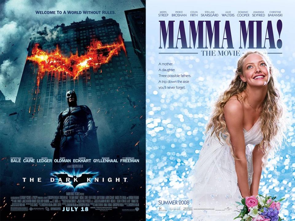 "The Dark Knight" and "Mammia Mia!" posters