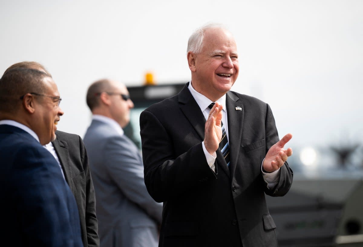 Minnesota Governor Tim Walz fits Vice President Kamala Harris’s message on promoting freedom while also offering an alternative to Senator JD Vance’s message.  (AFP via Getty Images)