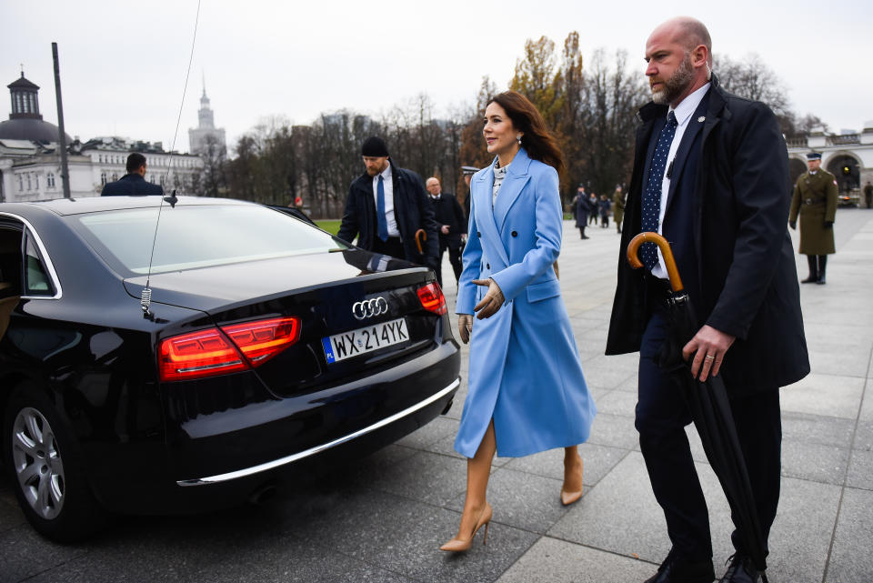 Princess Mary walks in Poland in blue coat