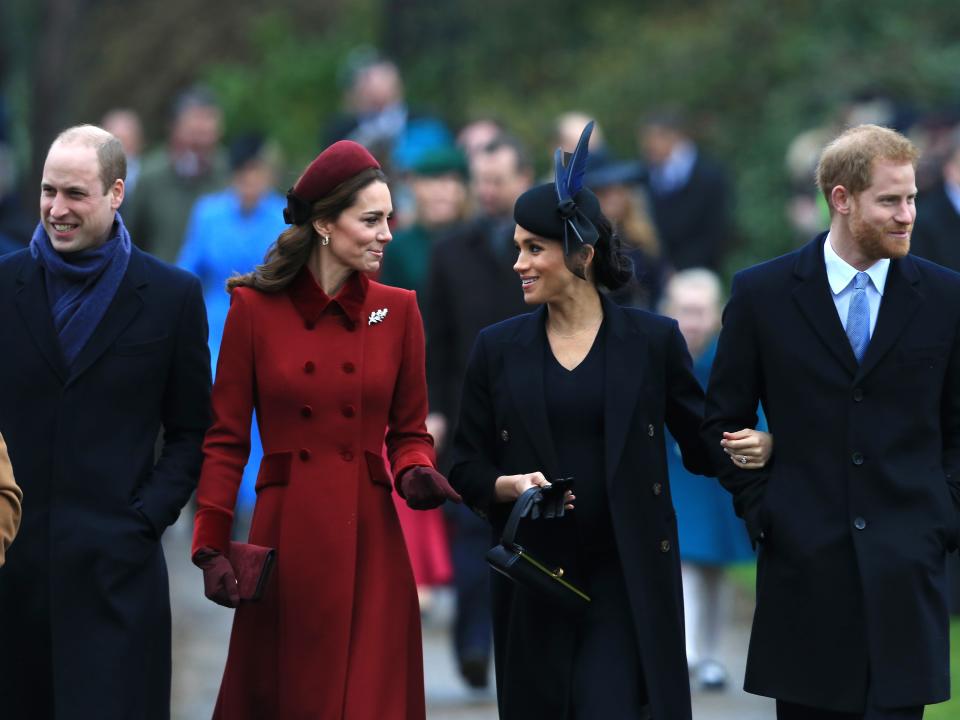 Prince William, Kate Middleton, Meghan Markle, and Prince Harry attend Christmas Day Church service at Church of St Mary Magdalene on the Sandringham estate on December 25, 2018 in King's Lynn, England.