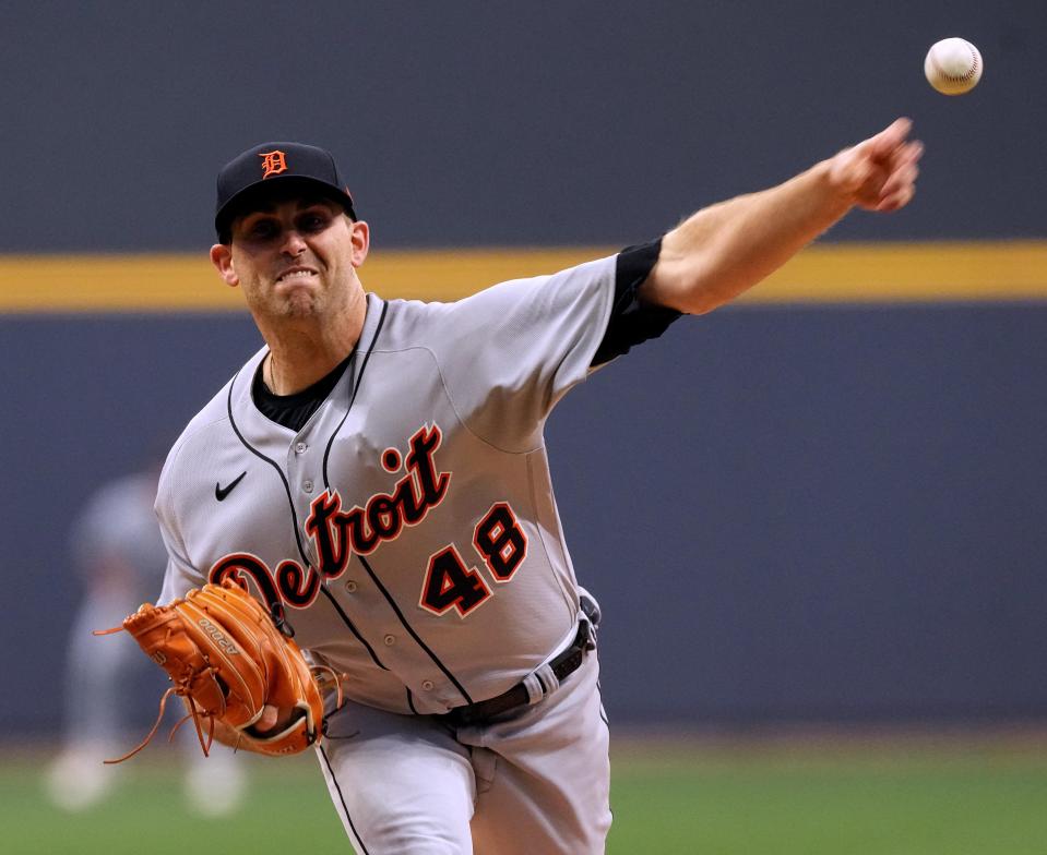 Tigers pitcher Matthew Boyd throws during the first inning against the Brewers on Monday, April 24, 2023,  in Milwaukee.