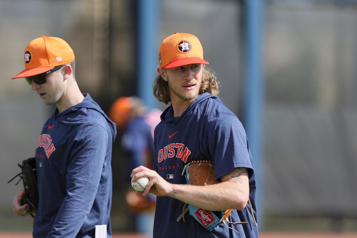 Feb. 14: Houston Astros relief pitcher Josh Hader looks on during a spring training practice at CACTI Park of the Palm Beaches.