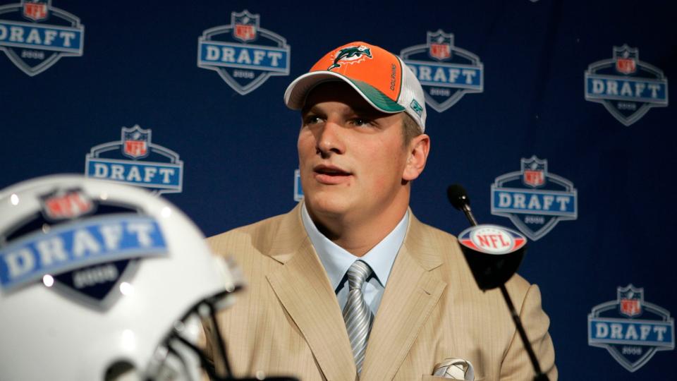 Mandatory Credit: Photo by Frank Franklin/AP/Shutterstock (6030271o)Jake Long Jake Long, a tackle from Michigan, speaks at a news conference after being selected first overall by the Miami Dolphins during first round of the 2008 NFL Draft at Radio City Music Hall in New York2008 NFL Draft, New York, USA.