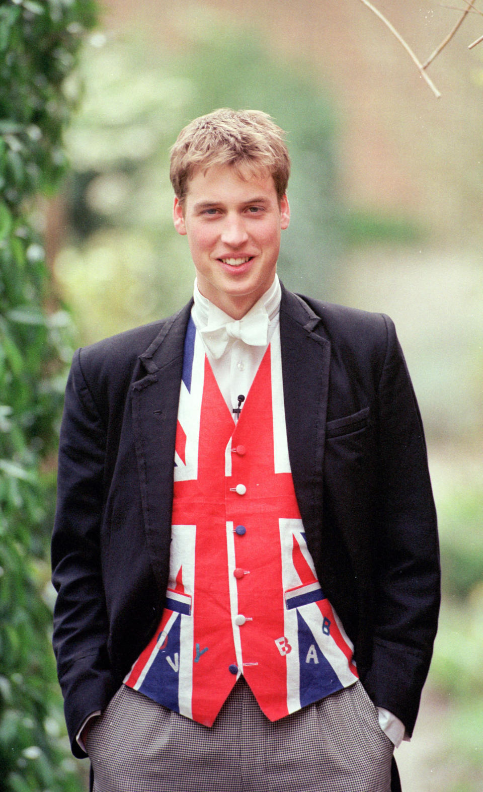 Prince William dressed as a prefect, with a union jack waistcoat at Eton in June 2000. at the Various in LONDON, United Kingdom. (Photo by Anwar Hussein/WireImage)